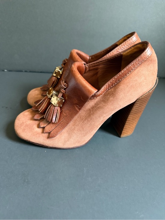 Tory Burch Shoes - Tory Burch Suede and Leather Tassel Block Heel Loafers in Cognac